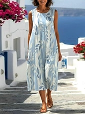 ieftine Rochii florale-Pentru femei Rochii Midi Rochie de schimb Rochie de Vară Rochie A line Vacanță Casual Boho Plajă Petrecere Potrivire Largă Floral Grafic Fără manșon Stil Nautic Albastru celest Portocaliu Var
