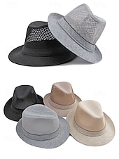 baratos Chapéus Masculinos-Chapéu fedora masculino em poliéster respirável com tela – multicolorido, leve e perfeito para o verão, férias na praia, uso casual diário e atividades ao ar livre.