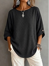 billige Enkle bluser-Dame Skjorte Chiffongoverdeler Jacquard Knapper Helfarge Årgang Stilfull 3/4 ermer Crew-hals Vanlige topper Avslappet Ut på byen Kakifarget Svart Hvit Sommer Vår