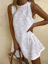 preiswerte Weiße Spitzenkleider-Damen Minikleid Spitzenkleid Weißes Kleid Urlaub Lässig Strand Strand Ferien Normale Passform Blumen Grafik Ärmellos Rundhalsausschnitt Blau Schwarz Weiß Rosa Sommer Frühling