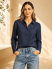 cheap Plain Blouses-Women's Shirt Solid Color Plain Vintage Daily Stylish Long Sleeve Shirt Collar Regular Tops Casual Blue White Pink Navy Blue Brown Summer Spring