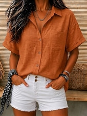 abordables Camisas-Mujer 100% Algodón Textura Bolsillo Color sólido Plano Vintage Manga Corta Tops regulares Casual Blanco Naranja Azul claro Verano