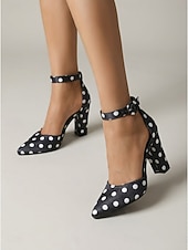 cheap Block Heel Pumps-Women's Polka Dot Satin High Heels - Elegant Pointed Toe Block Heel Pumps with Ankle Strap for Daily Office Wear, Retro Parties &amp; Chic Urban Outfits
