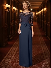 cheap Floor Length-Sheath Column Floor Length Wedding Guest Dress Formal Dresses Evening Gown Mother of the Bride Dress 3/4 Length Sleeve Jewel Neck Elegant Wedding Guest Satin Lace with Bow(s)