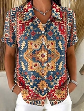 ieftine Bluze Art&amp;Design-Pentru femei Cămașă Nasturi Imprimeu Grafic Geometric Epocă Zilnic Stilat Manșon scurt Guler Cămașă Topuri obișnuite Casual Zilnic Albastru piscină Roșu-aprins Vară Primăvară