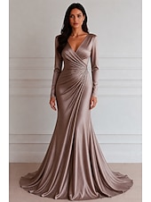 economico Abiti da Sera Sirena-Sirena Tromba Lunghezza al pavimento Abiti da Ballo Abito da Sera Da principessa Abito formale Elegante Manica Lunga Scollo a V Matrimonio Formale Vestito Rosa Raso Elasticizzato con Pieghe
