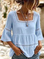  Festival de Música Mulheres Blusa Renda Patchwork Guarnição do laço Côr Sólida Diário à moda Básico Manga 3/4 Decote Quadrado Tops longos Casual Diário Preto Branco Azul Céu Verde Verão Primavera