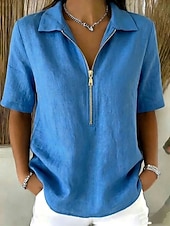  Dámské Halenka Košile z imitace lnu Zip Knoflíky Pevná barva Denní stylové Na běžné nošení Krátký rukáv Polo límec Běžné topy Ležérní Denní Vodní modrá Černá Bílá Žlutá Khaki Léto Jaro