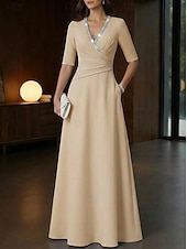 economico Abiti da Sera a Linea A-Linea ad A Lunghezza al pavimento Abito da Sera Elegante Abito da sera stile impero Mezza Manica Scollo a V Matrimonio Formale Tasca Tessuto Elasticizzato con Pieghe Cristalli Perline
