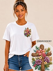  Per donna 100% cotone T-shirt ricamata Floreale Grafico Classico Casual Manica Corta Girocollo Top Regolari Casuale Quotidiano Weekend Nero Bianco Rosa Estate Primavera