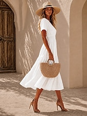  Mujer Vestido Midi Vestido de una línea Vestido de verano Vacaciones Fiesta Cumpleaños Diario Ajuste regular Plano Manga Corta Escote en Pico Azul Piscina Negro Blanco Rosa Verano Primavera