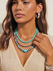 abordables Accesorios de vacaciones-Collar de mujer con cuentas turquesas en capas: joyería de estilo bohemio del suroeste para atuendos informales, fiestas en la playa y festivales de verano.