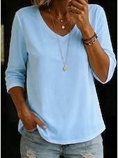  Mujer Camiseta Color sólido Elegante Clásico Manga 3/4 Escote en Pico Tops largos Casual Azul Piscina Negro Blanco Verde Claro Rosa Verano Primavera