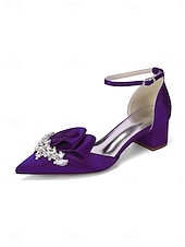 cheap Mother of Bride/Groom-Women's Sophisticated Navy Blue Satin Block Heel Shoes with Bow and Crystal Brooch for Mother of the Bride