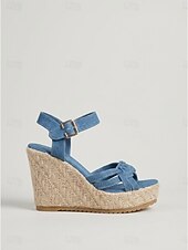 ieftine Femei-Sandale cu platformă pentru femei, din denim albastru - tocuri cu platformă, tip espadrile, cu barete împletite, și cataramă la gleznă, pentru vacanțe de lux în croazieră, ținute de resort tropical