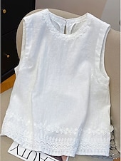 baratos Tanque Simples-Mulheres Camisa Social Blusa Franzido Bordado Vintage Sem Manga Gola Redonda Tops regulares Azul Branco Amarelo Azul Marinha Verão Primavera