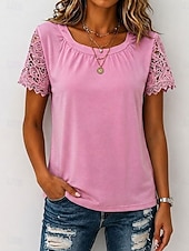  Dames Overhemd Blouse Kanten topjes Kant Effen Stijlvol Klassiek Modern Korte mouw Strakke ronde hals Normale tops Dagelijks Feestdagen Uitgaan blauw Zwart Wit Blozend Roze Rood Zomer Lente
