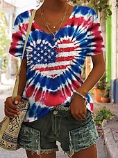  Jour de l'Indépendance Américaine Femmes T-shirt Imprimé Graphique Lettre Drapeau Américain ancien Élégant Classique Manche Courte Col en V Hauts Réguliers Occasionnel Quotidien Bleu Noir Rouge Ét