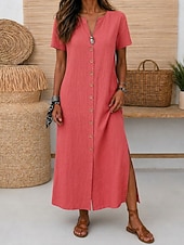  Per donna Abito maxi Abiti di lino Vintage Quotidiano Vestibilità regolare Semplice Manica Corta Scollo a V Rosso Azzurro Estate