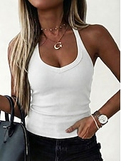 economico Serbatoio Semplice-Per donna Canotta A coste Senza schiena Tinta unica Elegante Caldo Spiaggia Senza Maniche All'americana Top corti Uscire Estate Blu Nero Bianco Grigio Estate
