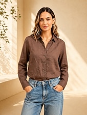 cheap Plain Blouses-Women's Shirt Solid Color Plain Vintage Daily Stylish Long Sleeve Shirt Collar Regular Tops Casual Blue White Pink Navy Blue Brown Summer Spring
