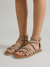 cheap Gladiator Sandals-Women's Almond Gladiator Sandals - Lightweight Braided Multi-Strap Flat Sandals with Back Zipper for Walking, Travel &amp; Casual Wear