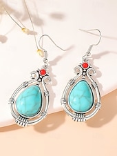preiswerte Damen Ohrringe-Türkisfarbene Boho-Ohrringe für Damen – Vintage-Ohrhänger aus einer Legierung in Tropfenform mit ethnischen Gravuren, perfekt für den Sommerurlaub am Strand und den Alltag. &amp;Schmuckgeschenk im
