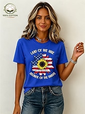 baratos Dia da Independência Top-Dia da Independência Americana Mulheres 100% Algodão Camiseta Imprimir Gráfico Bandeira americana Vintage à moda Casual Manga Curta Gola Redonda Tops regulares Casual Diário Final de semana Azul
