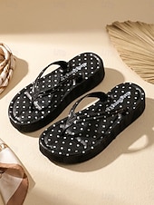 cheap Women-Women's Black Polka Dot Platform Flip Flops - Chic Polka Dot Pattern Wedge Thong Sandals for Beach Vacations, Summer Pool Parties &amp; Tropical Resort Travel