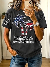  American Independence Day Women's T Shirt Buttons Graphic Flag Plants Vintage Fashion Stylish Short Sleeve Crew Neck Regular Tops Casual Daily Blue Khaki Green Gray Summer Spring
