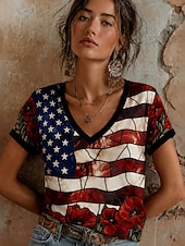abordables Día de la Independencia Top-día de la independencia americana Mujer Camiseta Estampado Floral Graphic Letra Elegante Clásico Casual Manga Corta Escote en Pico Tops regulares Casual Diario Azul Piscina Negro Rojo Azul Marino