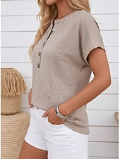 preiswerte Einfarbiges T-Shirt-Damen Sommeroberteile Vintage Mode Lässig Kurzarm Rundhalsausschnitt Normale Oberteile Lässig Täglich Khaki Schwarz Rosa Marineblau Braun Sommer Frühling