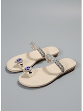 cheap Slide Sandals-Women's Rhinestone Embellished Thong Sandals with Blue Gemstone Detail – Elegant Sandals for Summer, Beach, and Formal Occasions