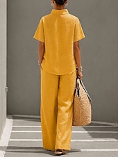 cheap Sets-Women's Linen-feel Set Pants Sets Short Sleeve Stand Collar Solid Color Fashion Streetwear Casual Daily Outdoor Blue Yellow Khaki Spring &amp; Summer Loose Fit