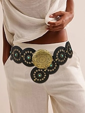 preiswerte Damengürtel-Boho-Gürtel mit runden Conchos für Damen, Western-Taillengürtel aus Kunstleder mit türkisfarbenen Nieten, Vintage-Gürtel mit Concho-Verzierung für Kleider, Festivals, Urlaub, Cowgirl-Look und lässige