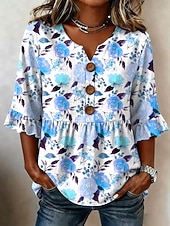  Mujer Blusa Botones Estampado Floral Graphic Vintage Elegante Moderno Media Manga Escote en Pico Tops regulares Casual Diario Azul Piscina Amarillo Morado Verano Primavera