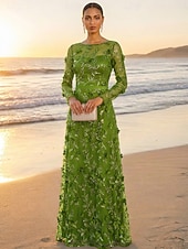 cheap Floor Length-A-Line Floor Length Mother of the Bride Dress Long Sleeve Boat Neck Elegant Vintage Luxurious Formal Wedding Guest Wedding Party Lace Tulle with 3D Flowers Embroidery Appliques
