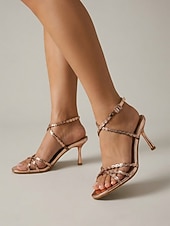 cheap 1920s &amp; Gatsby Era-Women's 1920s Great Gatsby Shoes - Champagne Strappy Heels with Metallic Geometric Cutout for Flapper Party, Cocktail Evening &amp; Prom
