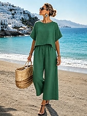 abordables Conjuntos-Conjuntos de lino y algodón para mujer, conjuntos de dos piezas, color puro, elegantes, casuales, cómodos, para el hogar, uso diario, primavera y otoño.