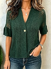 economico Bluse Semplici-Per donna Camicia Blusa Traforato Bottoni Tinta unica Semplice Vintage Elegante Casual Manica Corta Scollo a V Top Regolari Casuale Quotidiano Nero Bianco Rosa Verde Estate Primavera