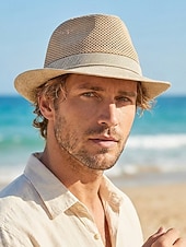 baratos Chapéus Masculinos-Chapéu fedora masculino em poliéster respirável com tela – multicolorido, leve e perfeito para o verão, férias na praia, uso casual diário e atividades ao ar livre.