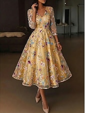  A-Line Tea Length Cocktail Dresses Elegant Vintage Floral 3/4 Length Sleeve V Neck Garden Party Wedding Satin Tulle with Embroidered Flower Pleats Embroidery