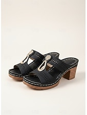 baratos Chinelos de slide-sandálias mule femininas de salto grosso – design com strass vazado, decoração com fivela retrô, sola confortável, para caminhadas ao ar livre, jardim e roupas casuais de verão