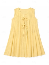 cheap Plain Dress-Womens Vintage Vacation Lace Up Plain Pleated Sleeveless Cotton Dress Blue White Yellow Red Summer