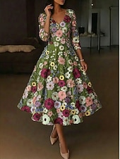 preiswerte Cocktailkleider-A-Linie Tee-Länge Cocktailkleider Elegant Vintage Blumen Halbarm V Ausschnitt Hochzeit Formell Rosa Kleid Satin Spitze mit Stickerei Tasche