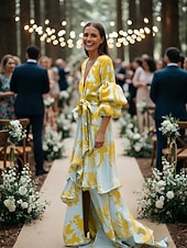 baratos Comprimento do chão-Vestido de Convidada de Casamento em Comprimento de Chão com Mangas Longas e Decote em V Vestido de Mãe da Noiva Vestido de Festa com Estampa