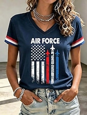  American Independence Day Women's T Shirt Print Graphic American Flag Vintage Stylish Classic Short Sleeve V Neck Regular Tops Casual Daily Blue White Red Summer Spring Fall Winter
