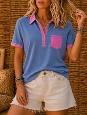  Per donna Cotone lavato 100% cotone Patchwork Tasca Bottoni Vintage Manica Corta Colletto Polo Top lunghi Blu Estate Primavera