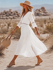  Per donna Abito Midi Abito a trapezio Casual Quotidiano Spiaggia Feste Vestibilità comoda Semplice Manica 3/4 Scollo a V Nero Bianco Giallo Verde Estate Primavera