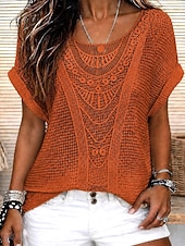 Mujer Elegant Parte superior con ojales Top de empalme de encaje Retazos Elegante Bohemia Vintage Manga Corta Cuello Barco Tops largos Casual Diario Noche Azul Piscina Rosa Naranja Beige Verano